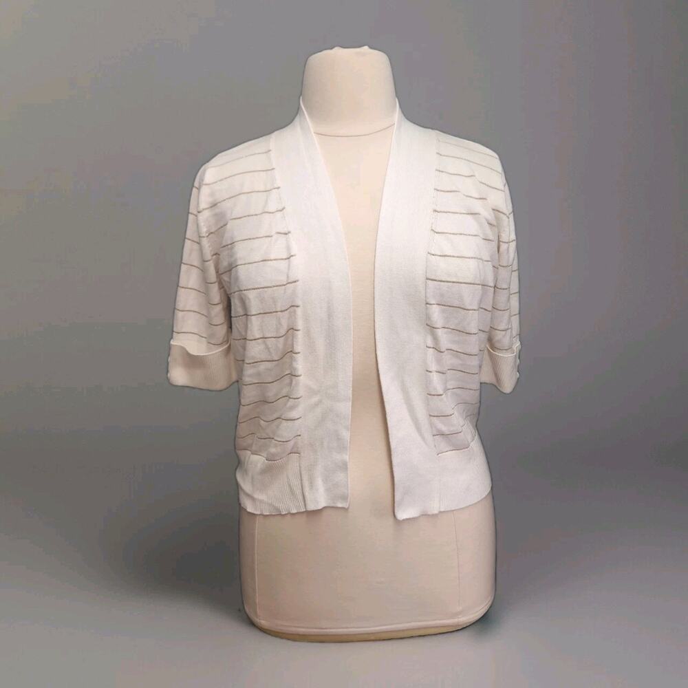 MH Merien Hall Open Front Elbow Half Sleeve White Gold Stripe Cardigan Large